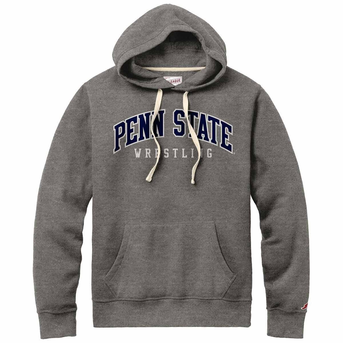 gray hooded sweatshirt with sewn Penn State Wrestling